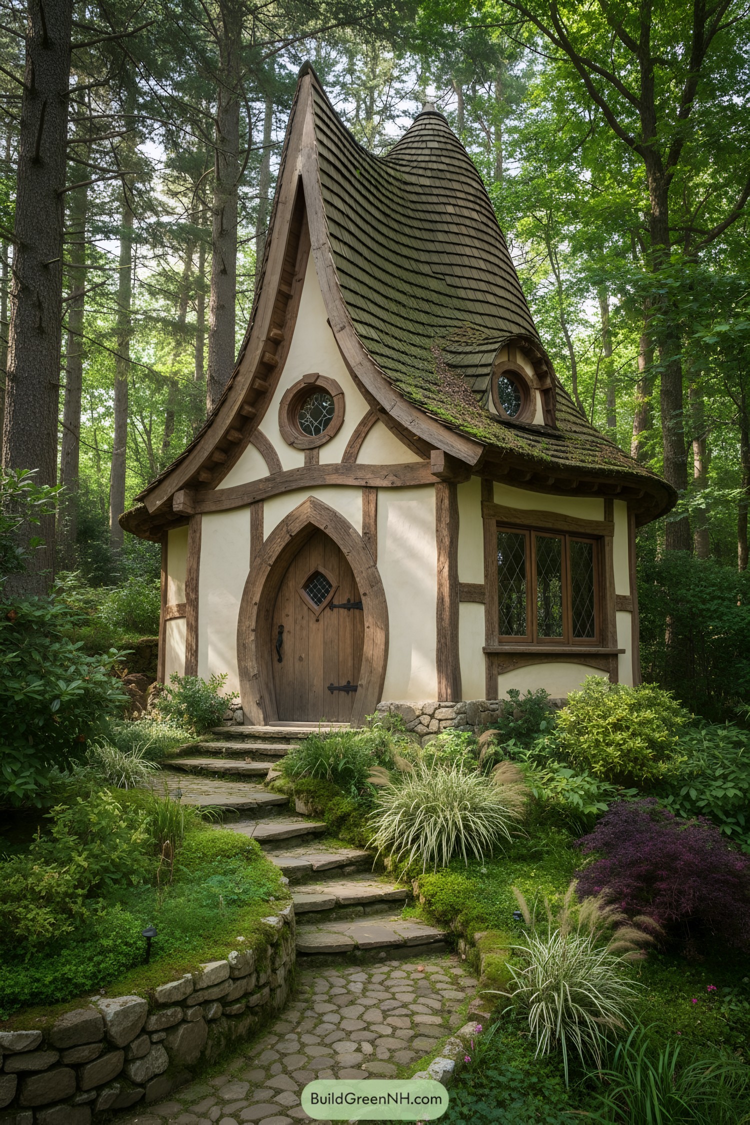 Charming stone pathway leading to a quaint fairytale cottage