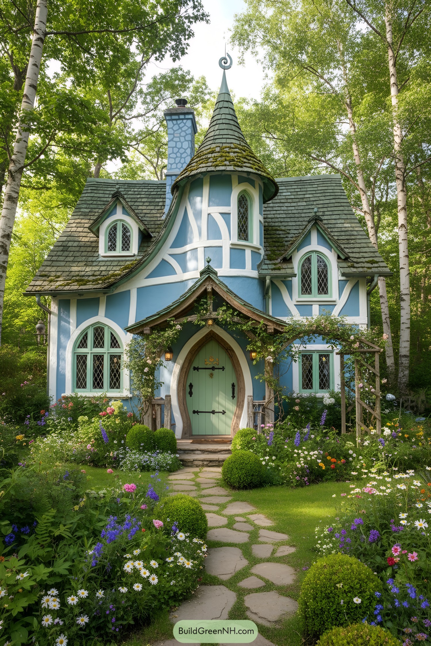 Charming blue cottage with whimsical architecture