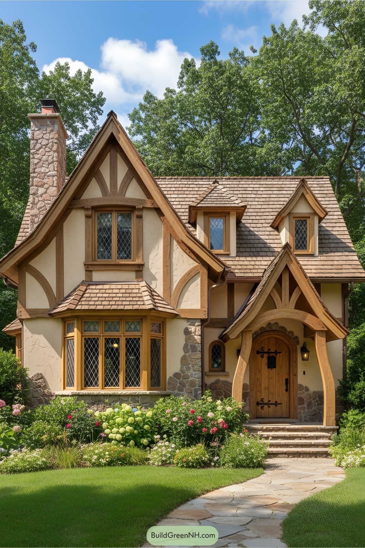 Charming cottage in a lush, green forest setting