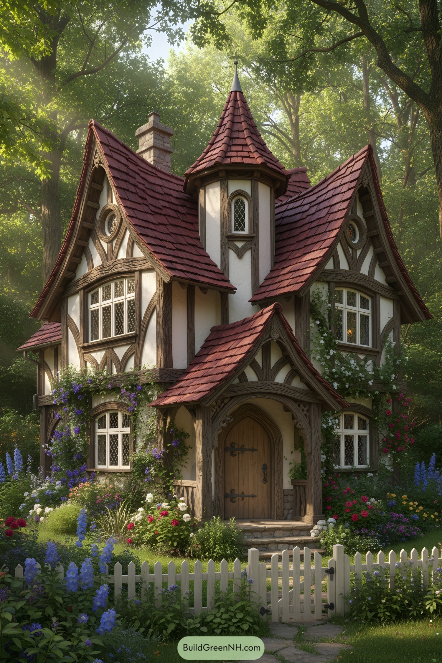 Whimsical cottage with a red roof and lush garden