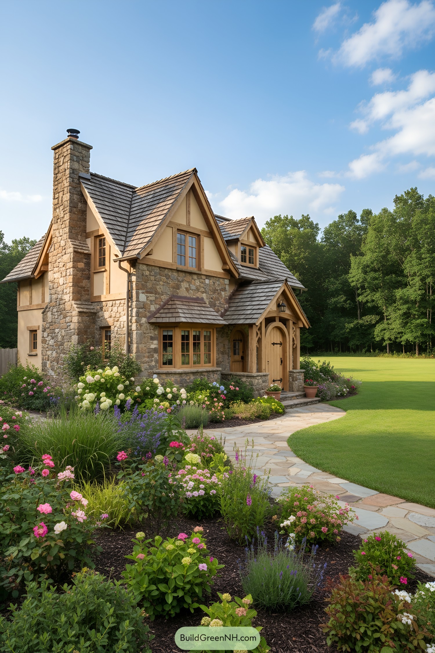 Charming stone cottage with a blooming garden