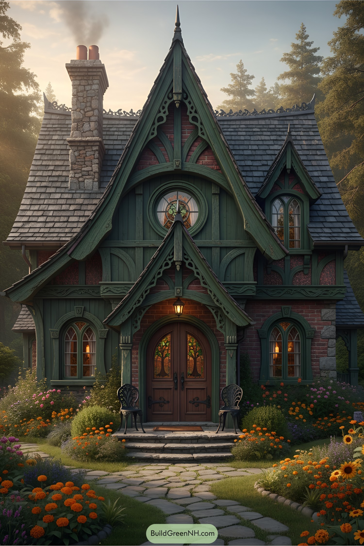 Charming cottage with pointed roof among flowers and trees