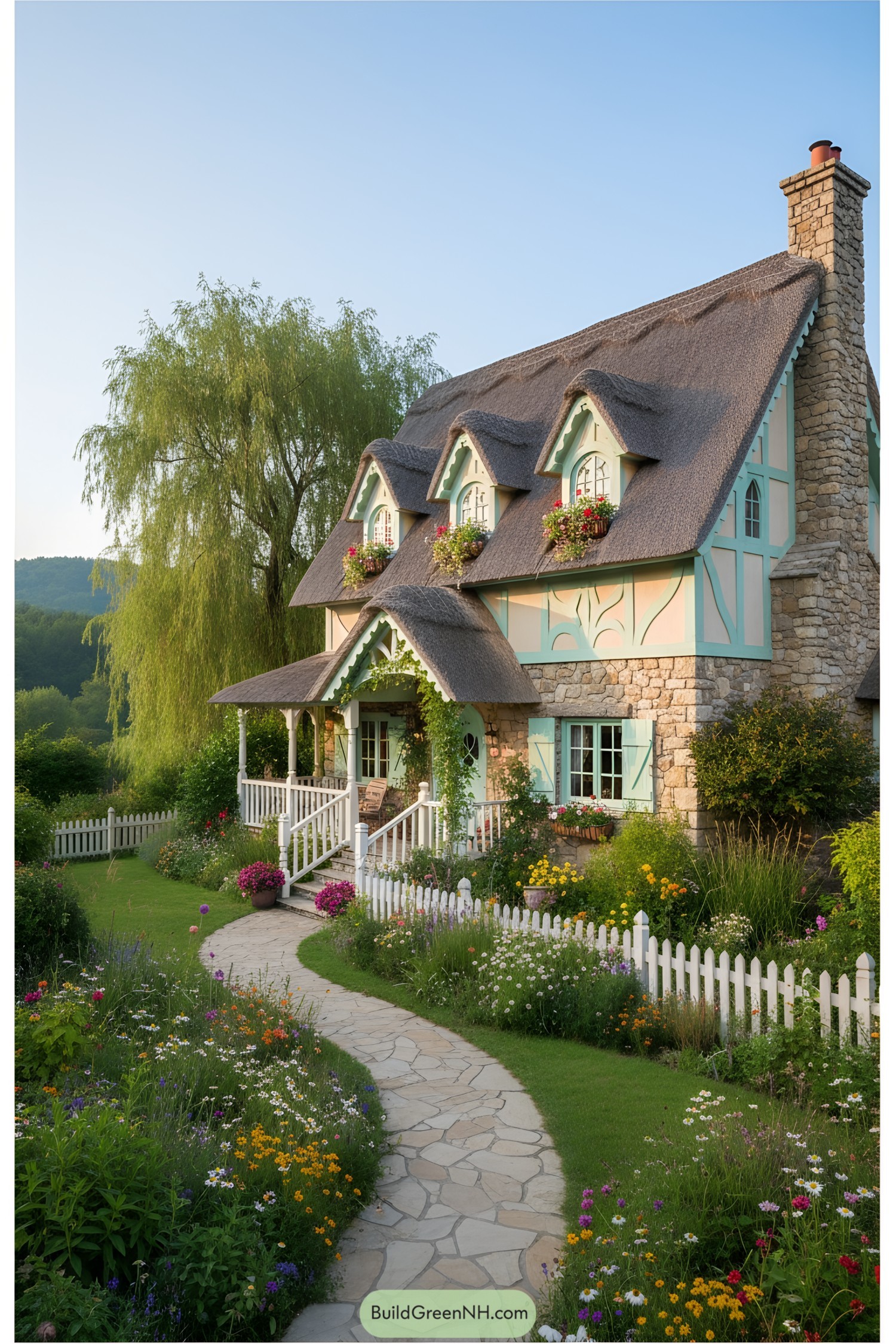 Cozy cottage with rustic charm in flourishing garden
