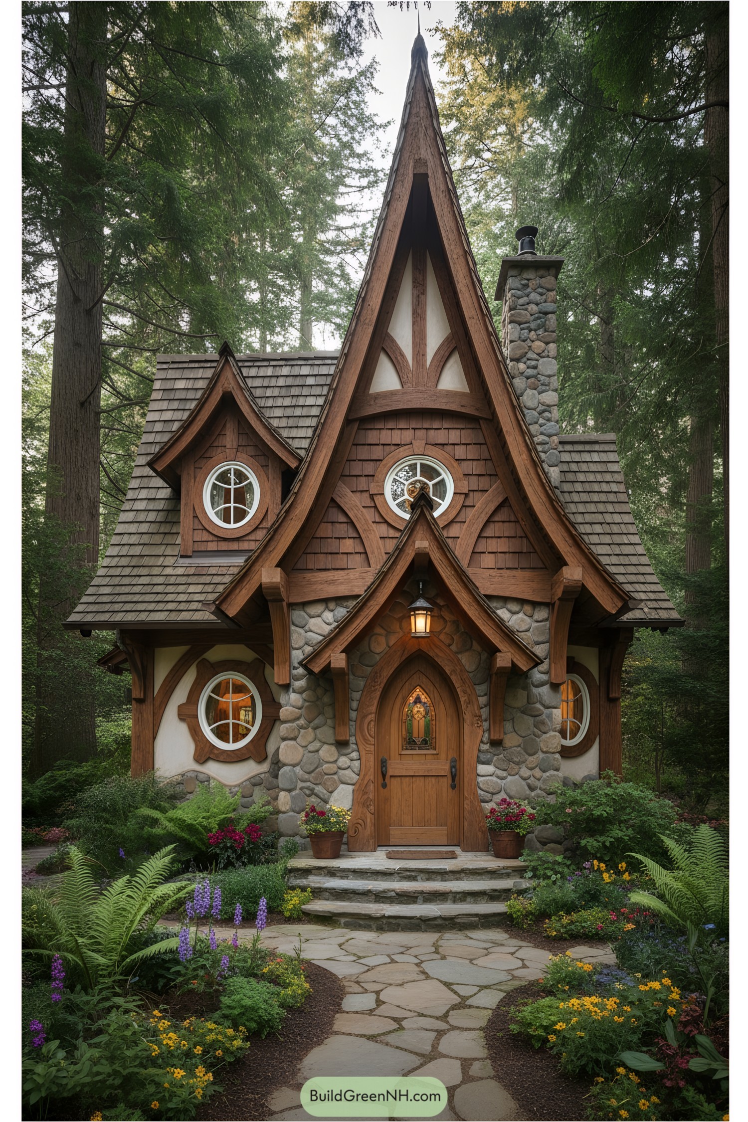 Cozy stone cottage with tall pointed roof and circular windows