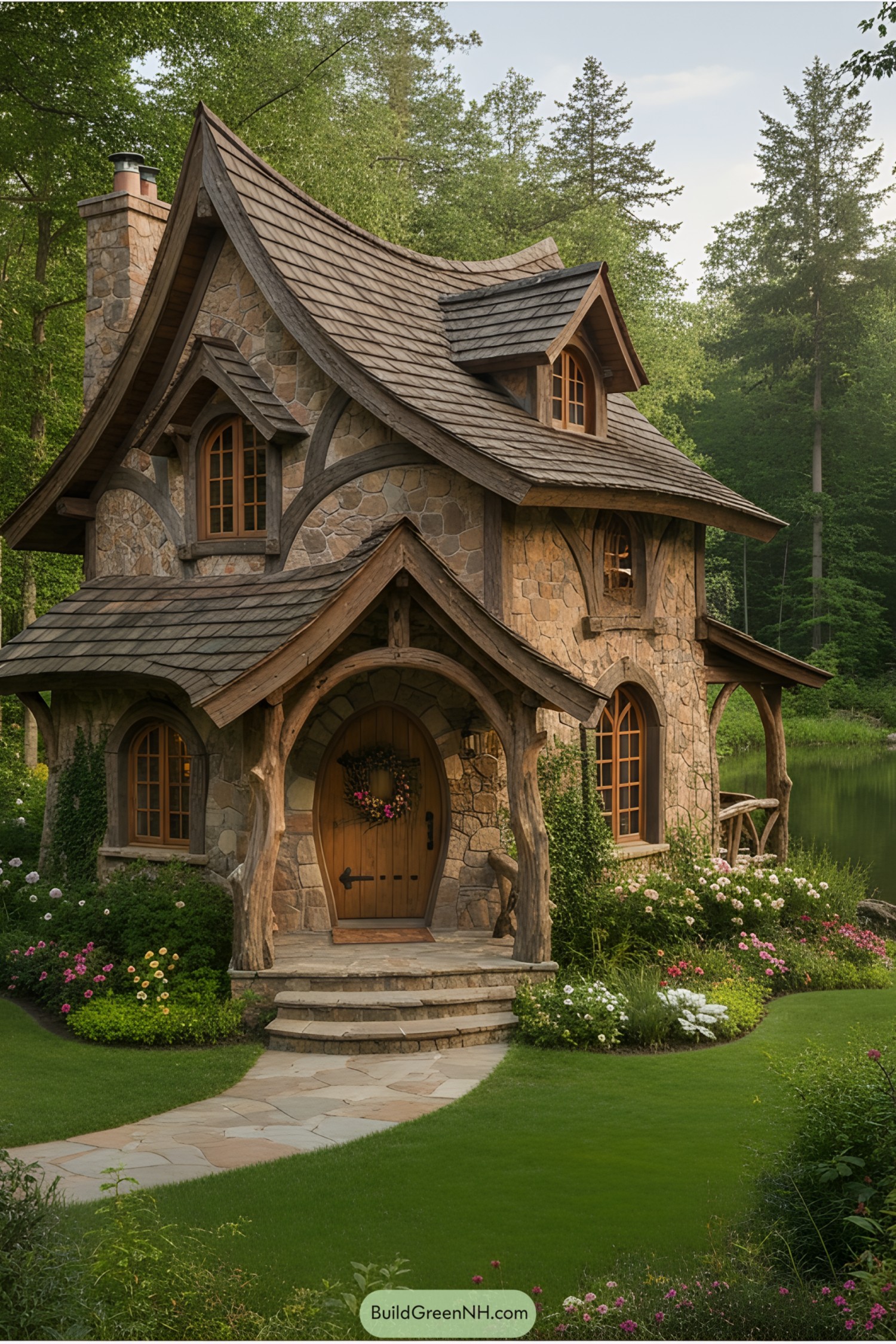 Charming stone cottage with a curved roof in a lush forest