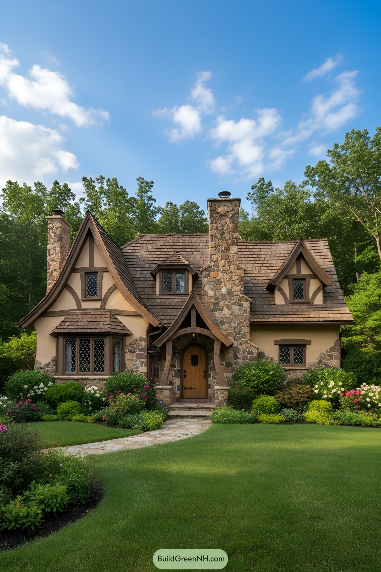 Quaint stone cottage with a charming arched door and lush garden