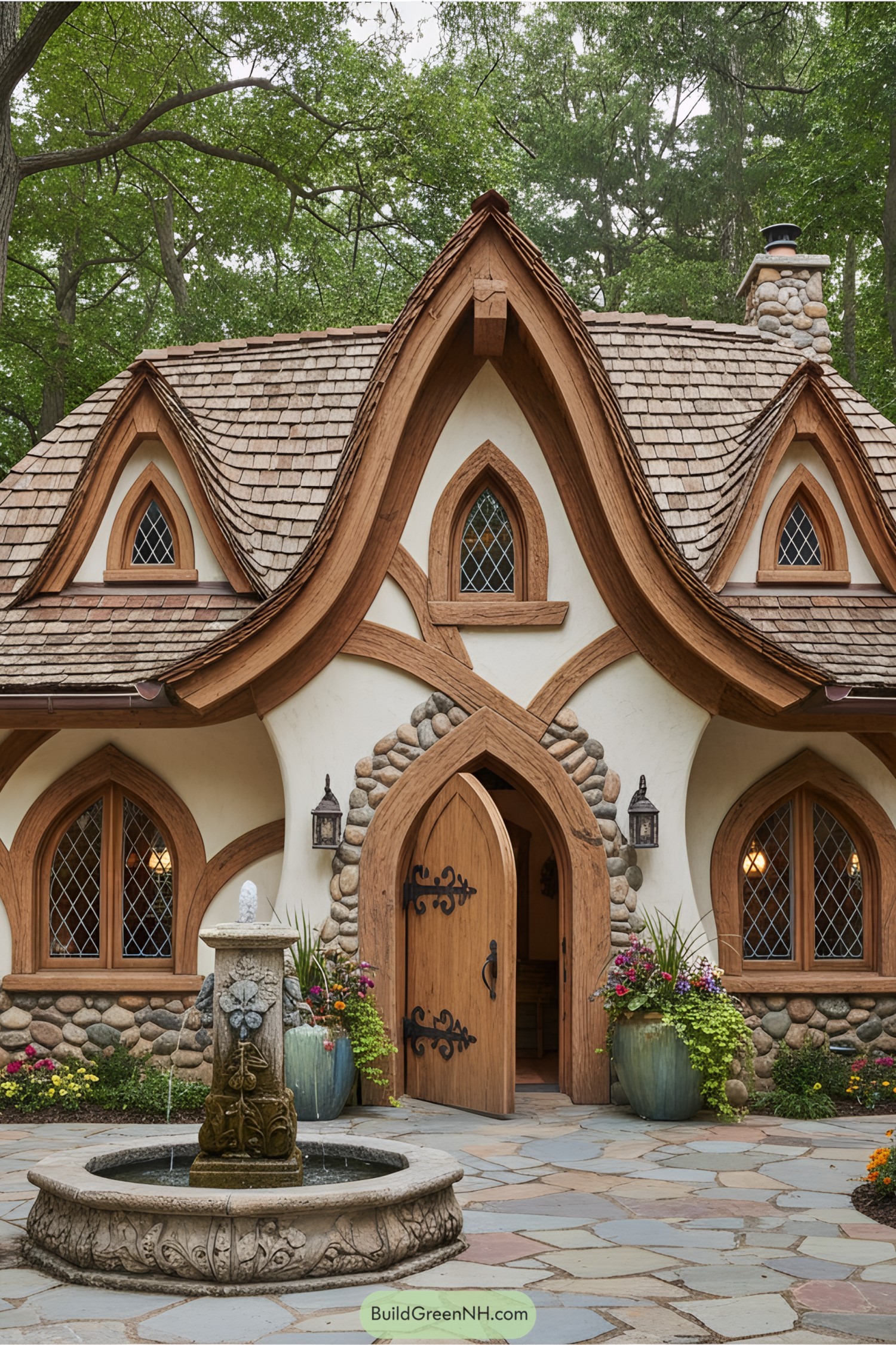 Whimsical cottage with a slate roof and charming wooden door