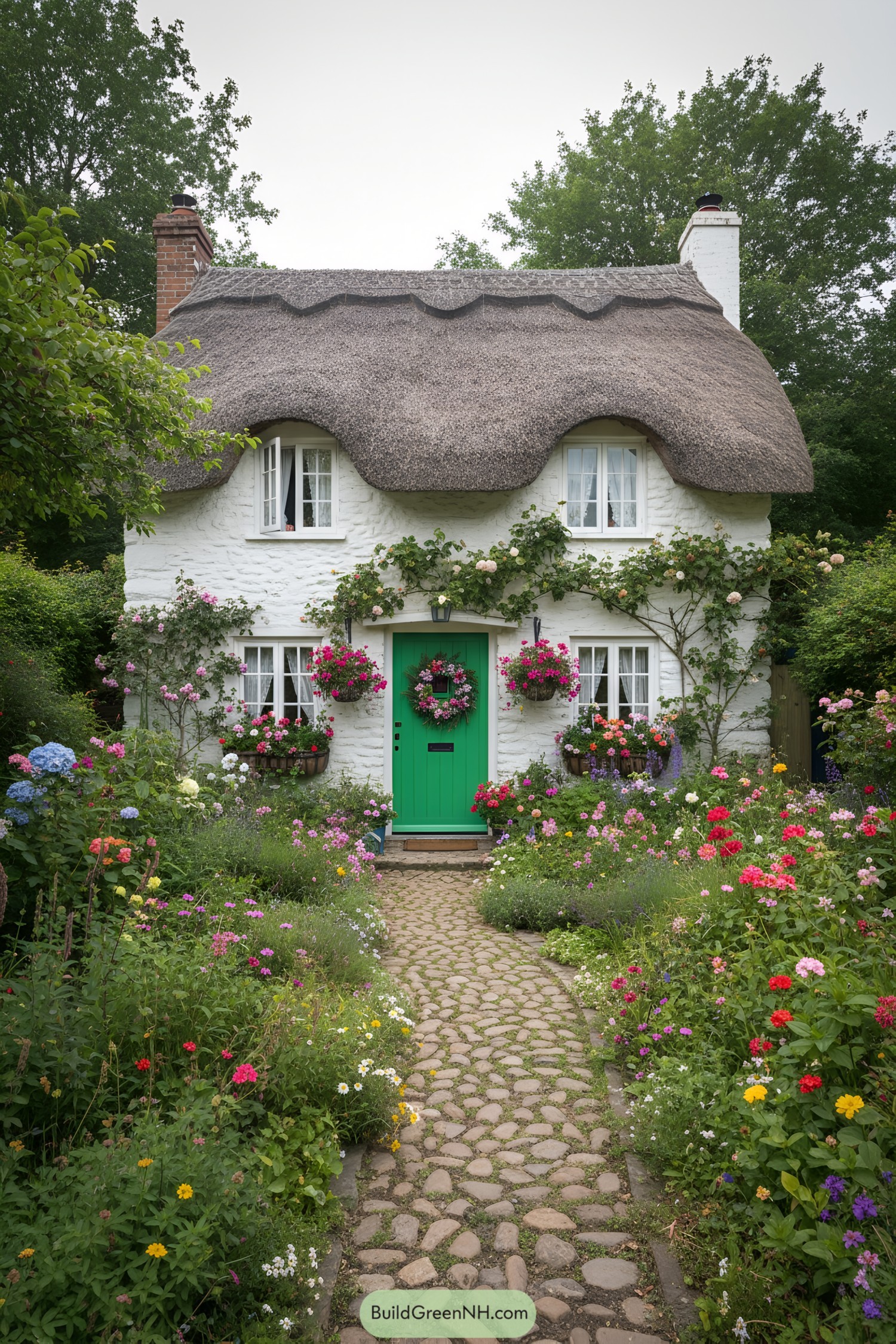 Quaint white cottage with a thatched roof and green door, surrounded by colorful flowers
