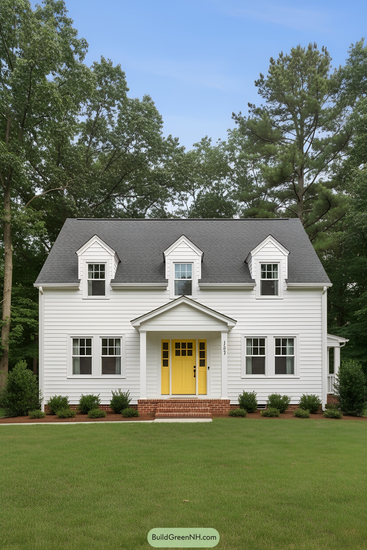 White house with a bright yellow door and gray roof