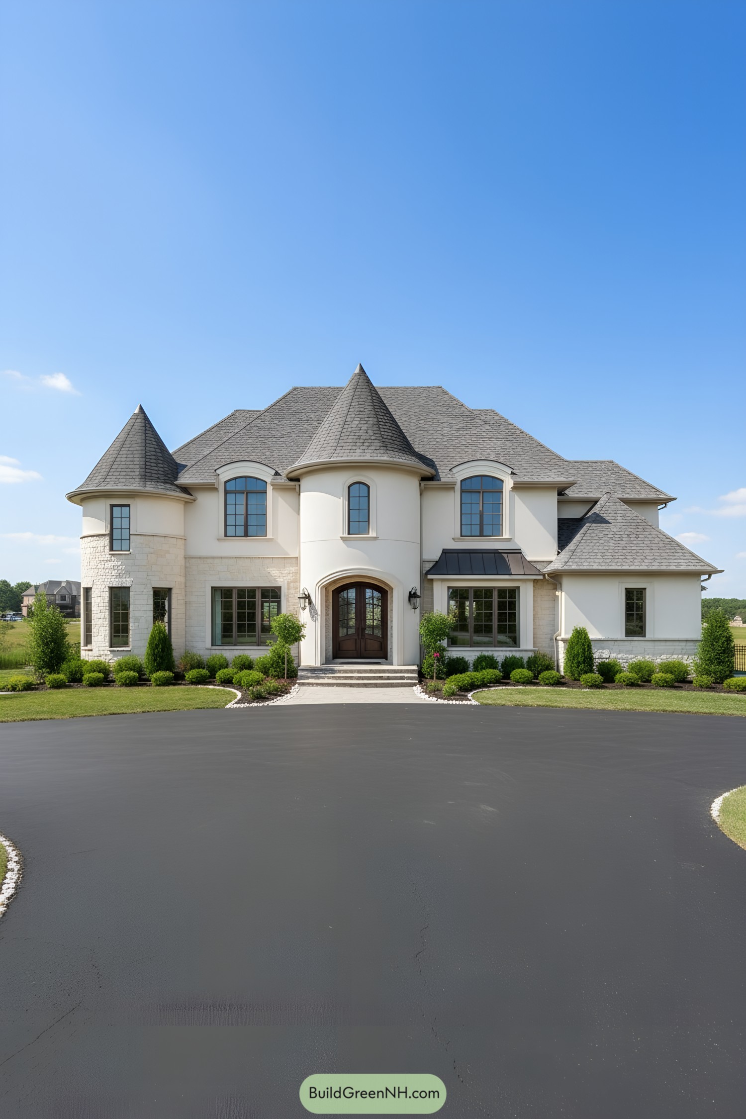 Charming white suburban house with multiple turrets