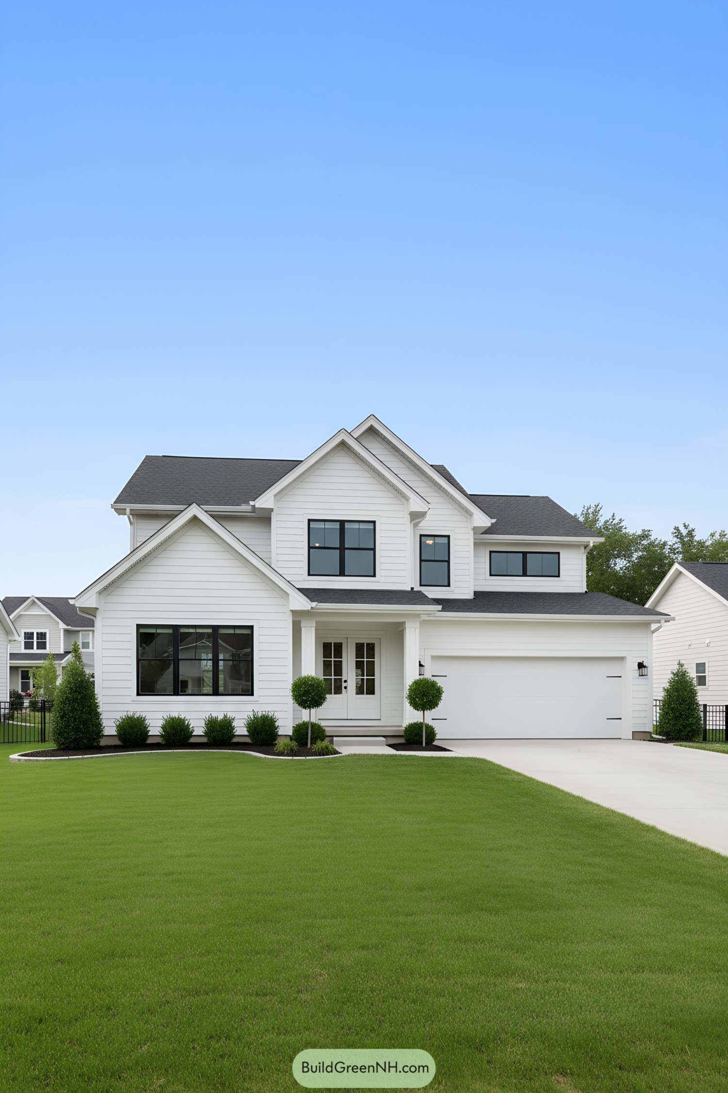 A modern suburban house with a green lawn and a clear blue sky