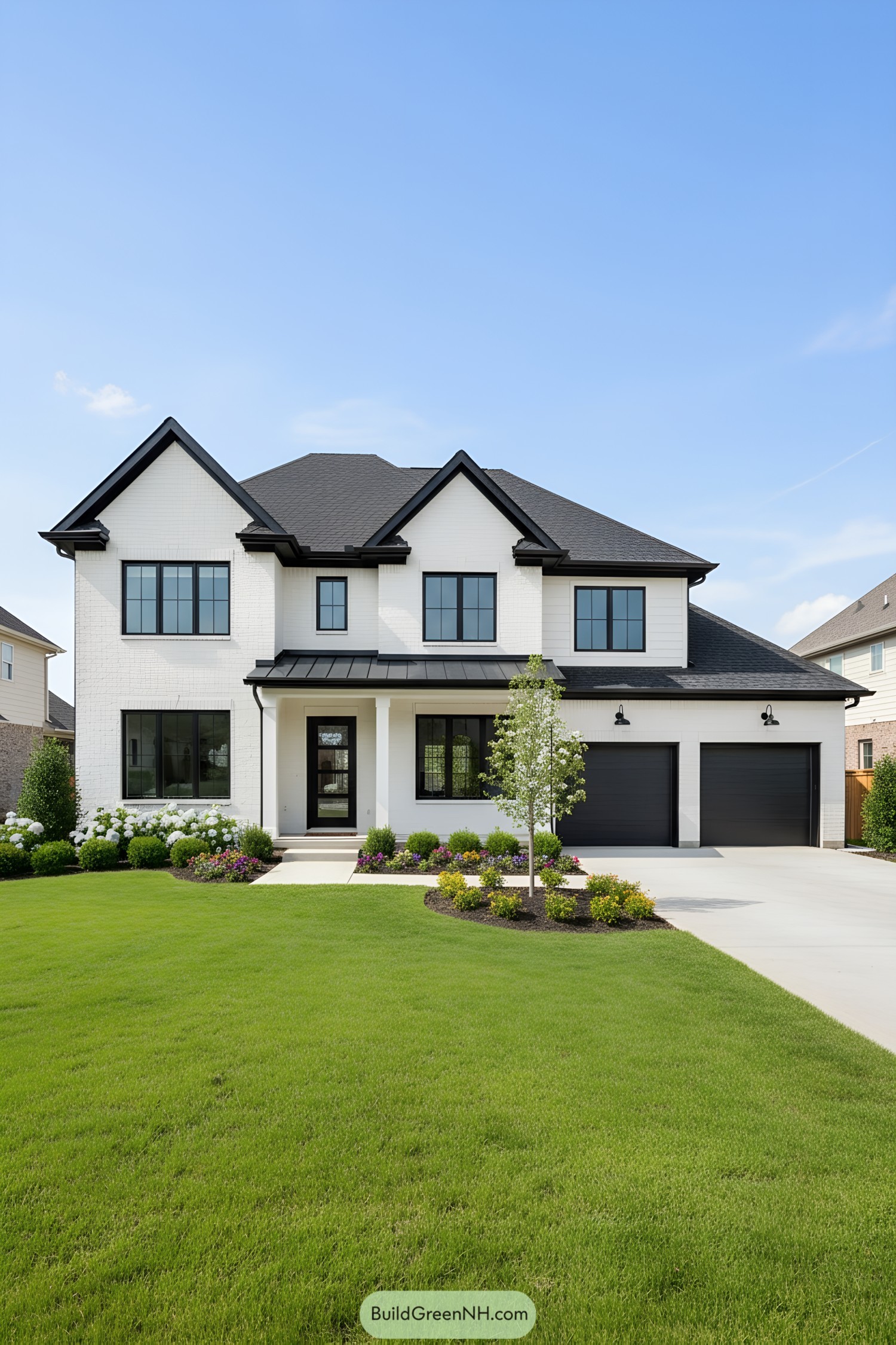 Modern white house with manicured lawn and two-car garage