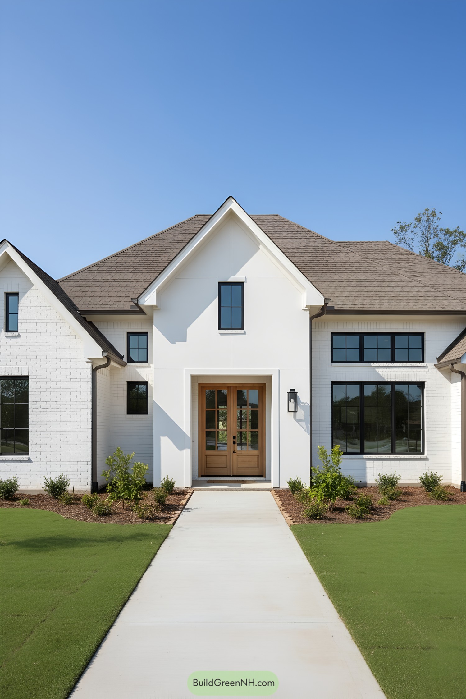 Front view of a modern white suburban house with a manicured lawn