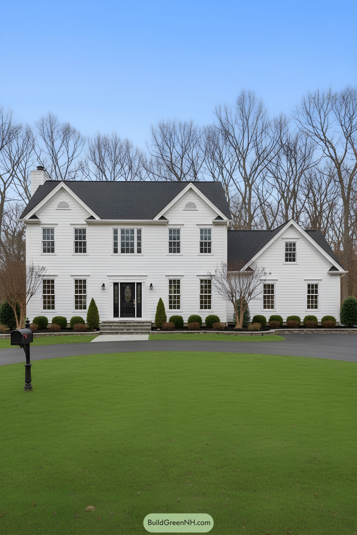 White suburban house with a manicured lawn and bare trees