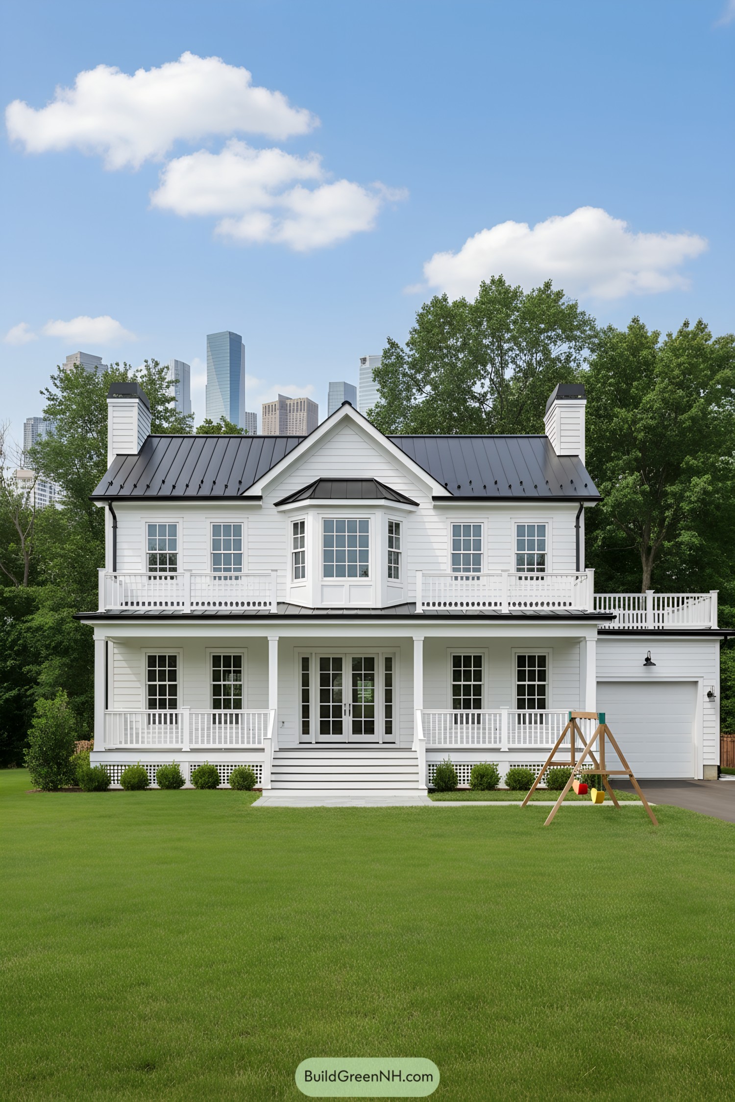 White suburban house with a lush green lawn and city skyline