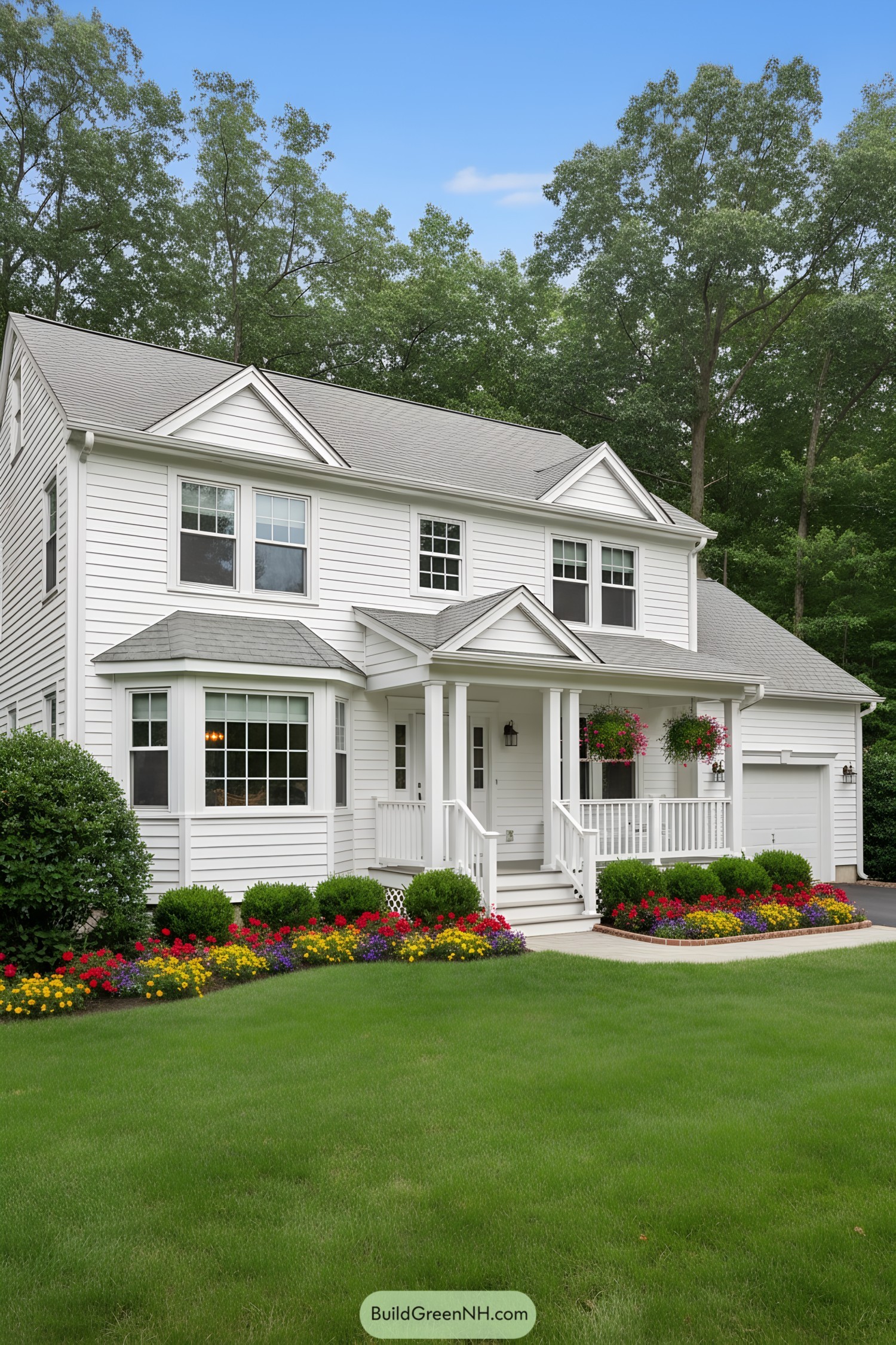 White suburban house with vibrant garden