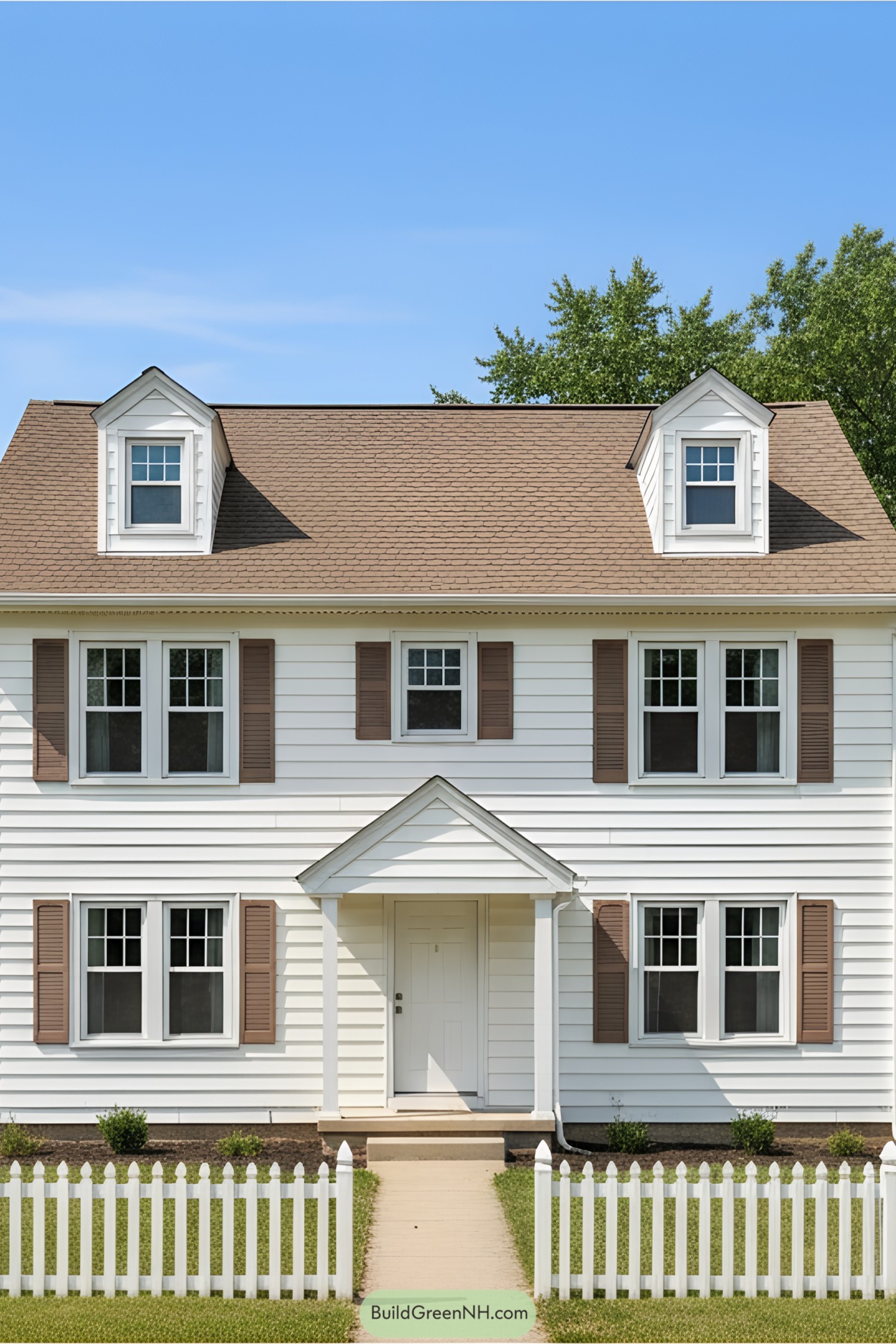 Charming white suburban house with brown shutters