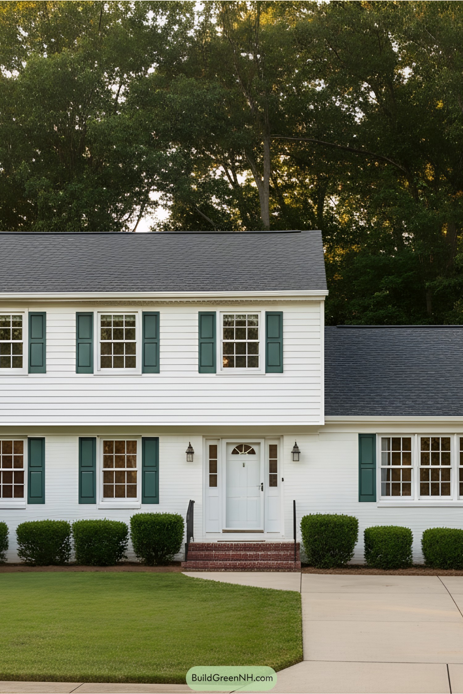 White house with green shutters and a lush lawn