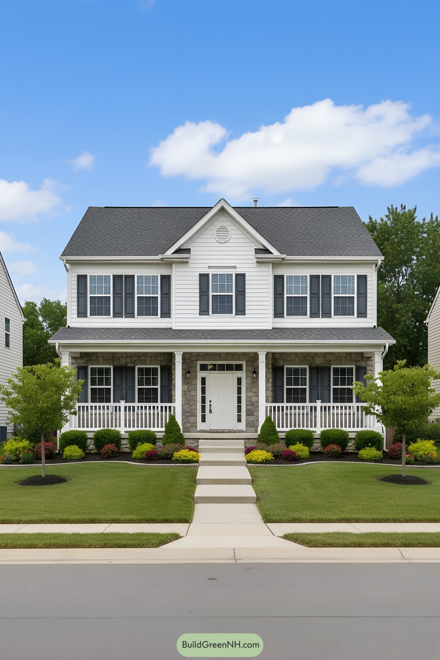 White house with a charming front porch and manicured lawn