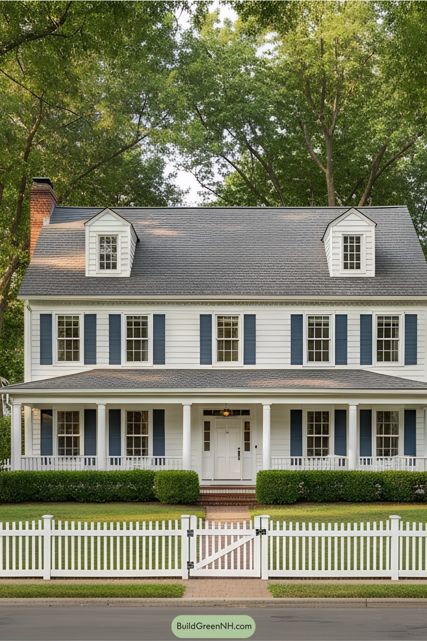 White house with blue shutters and a fence
