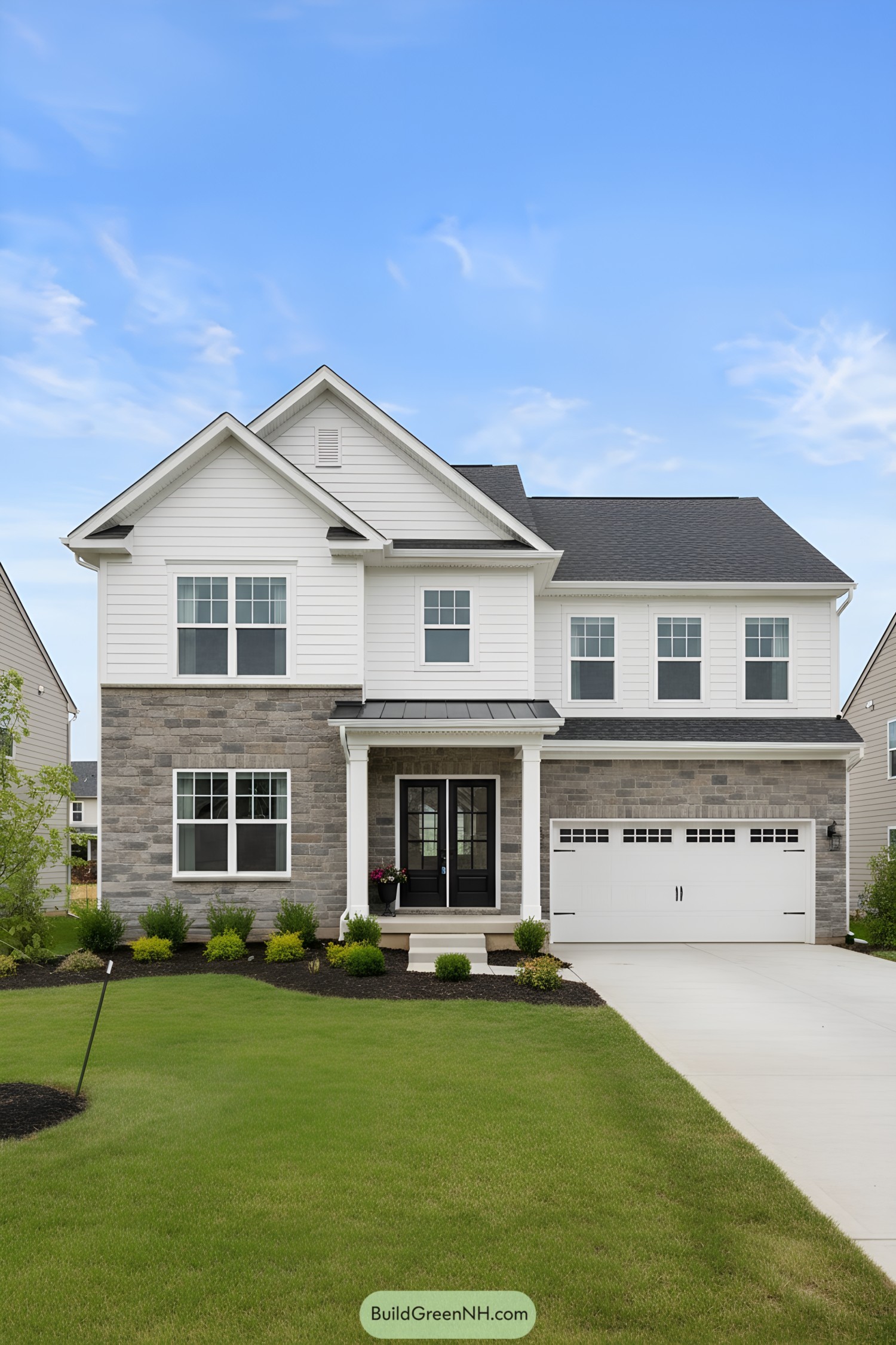 Stylish two-story suburban house with stone accents