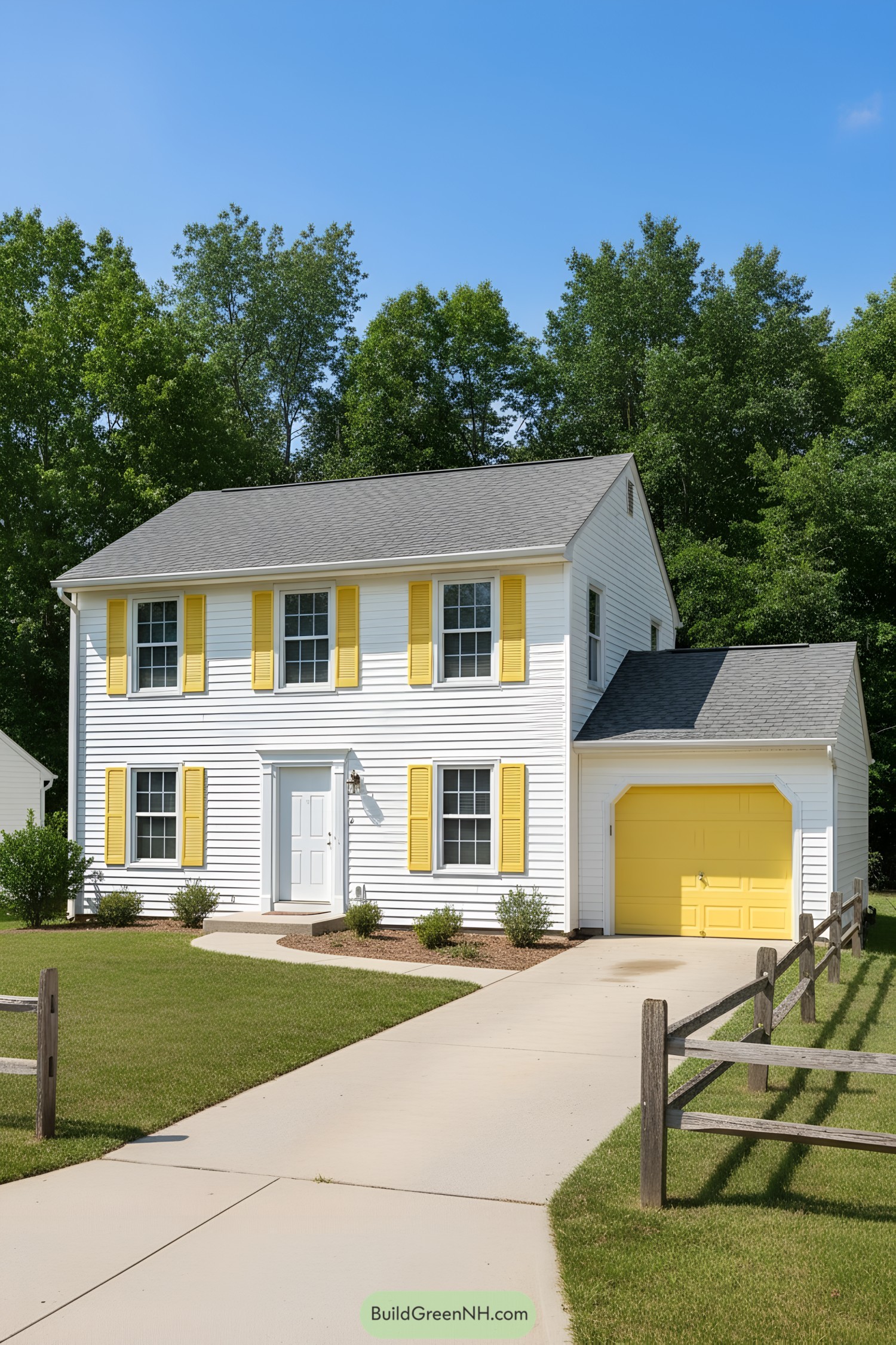 White suburban house with yellow shutters and garage door