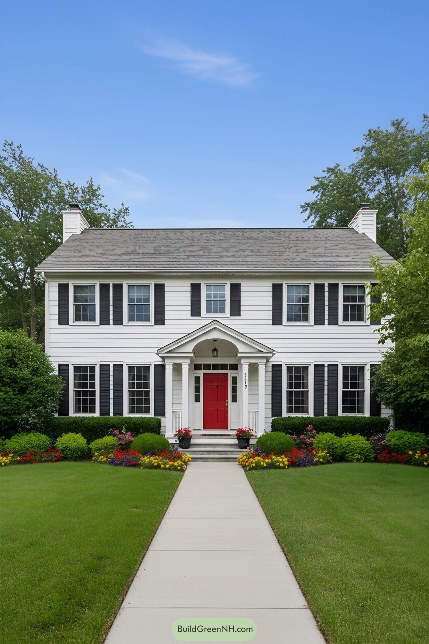 Classic white house with red door and garden