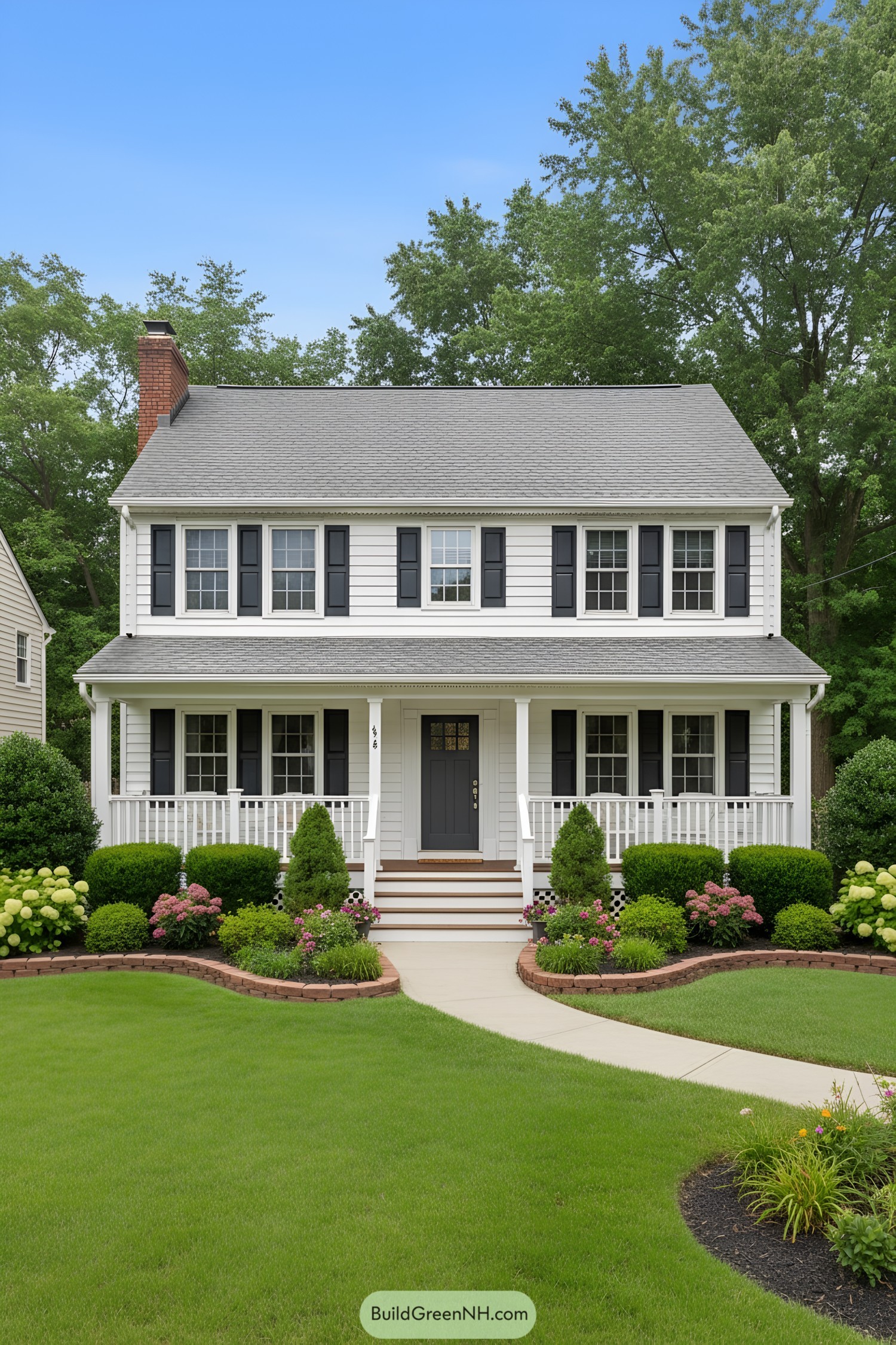 Classic white house with a welcoming front porch and tidy garden