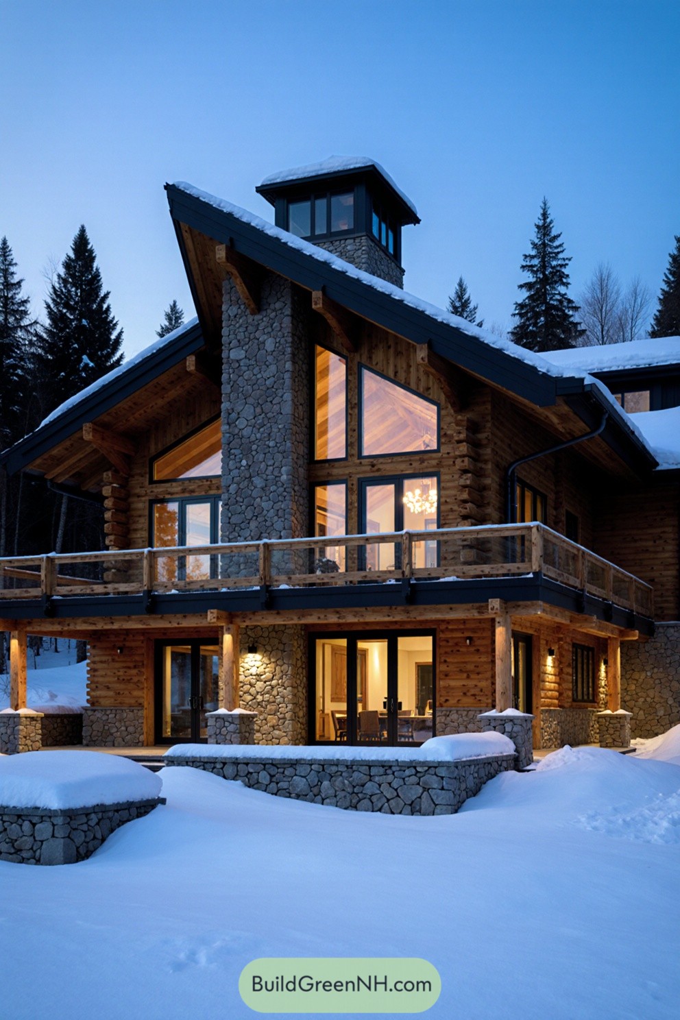 Luxurious log cabin with large windows in a snowy landscape
