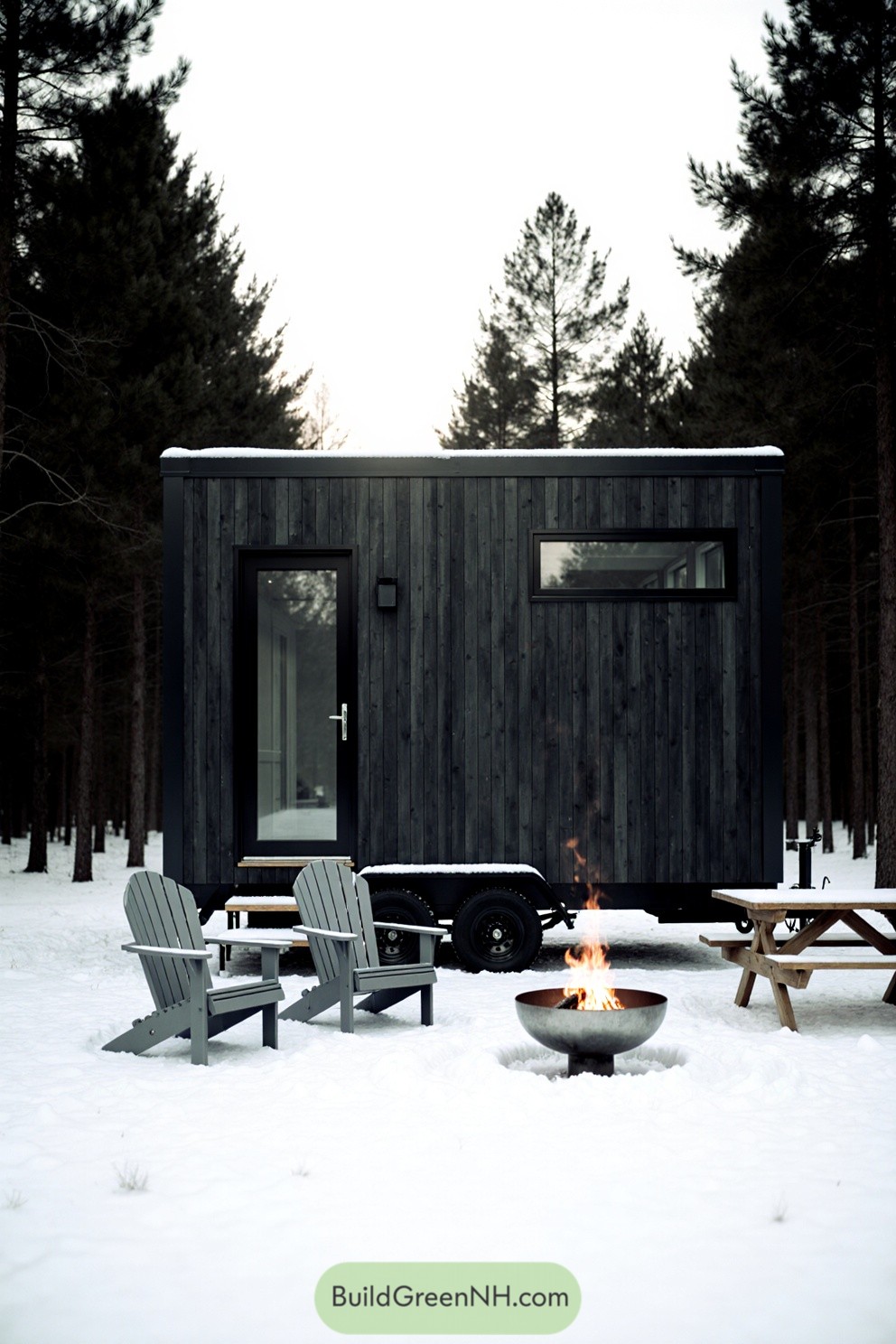 Small black tiny house on wheels in a snowy forest, with a fire pit and chairs outside