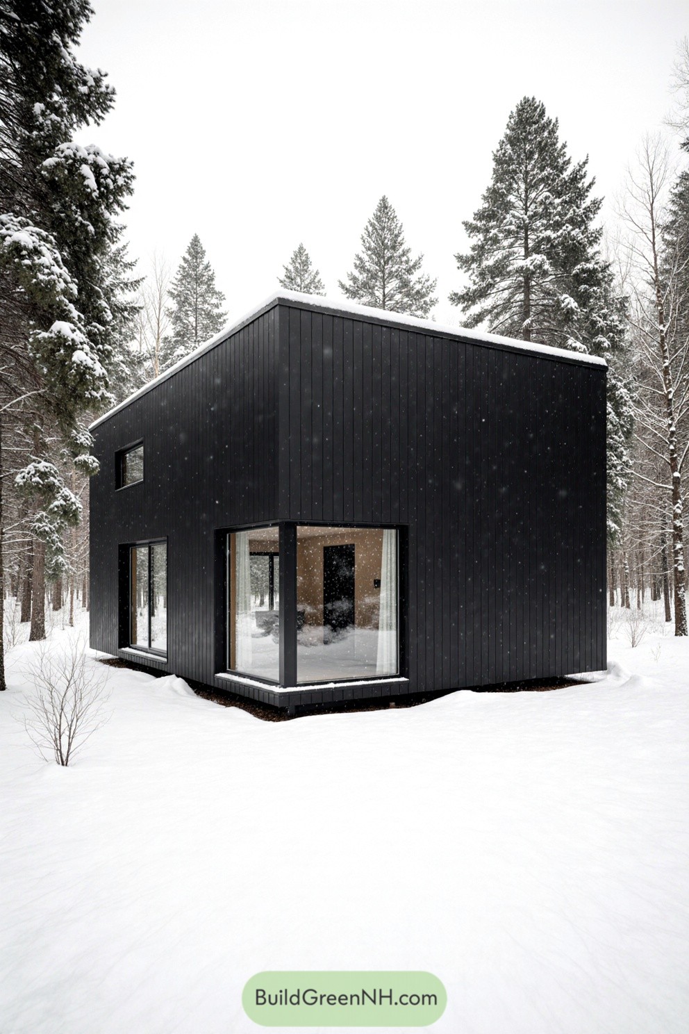 Modern black cabin surrounded by snow-covered trees