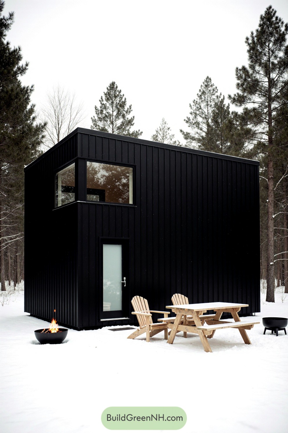 Modern black cabin in a snowy forest with wooden outdoor seating