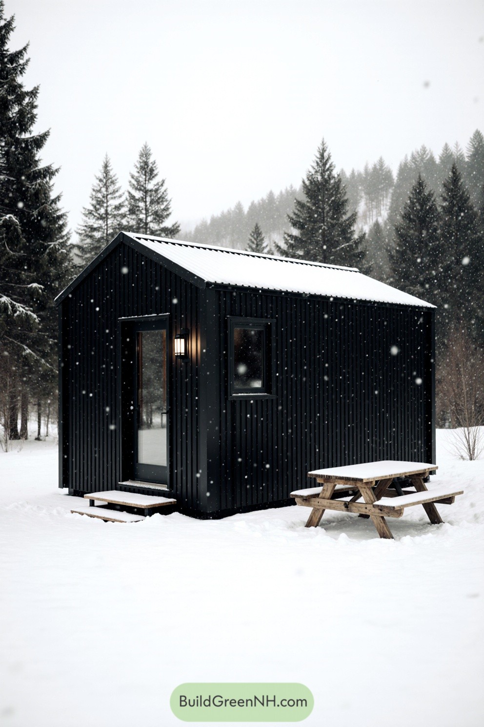 A small black cabin in a snowy forest setting