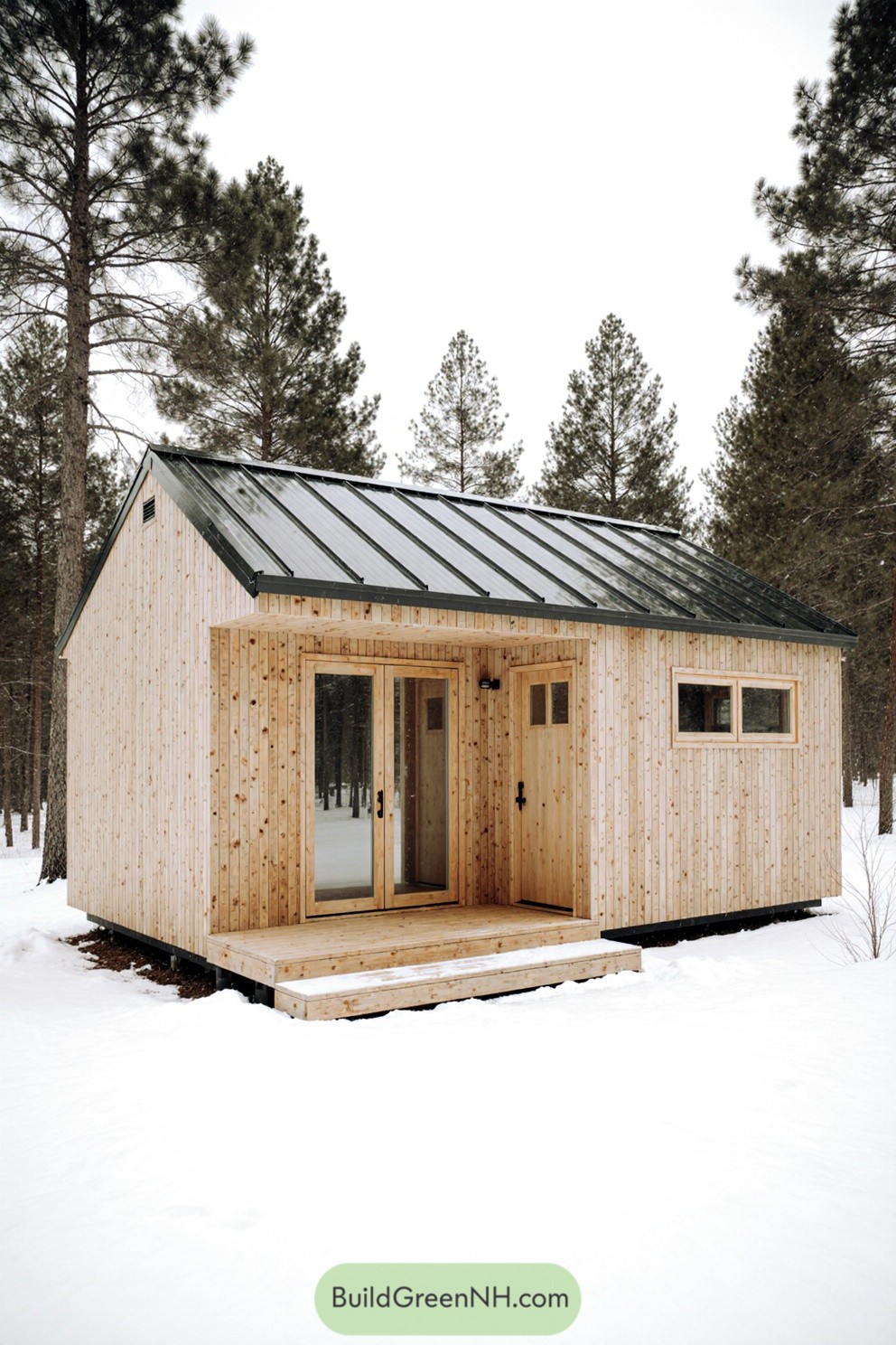 Small wooden cabin in snowy forest setting