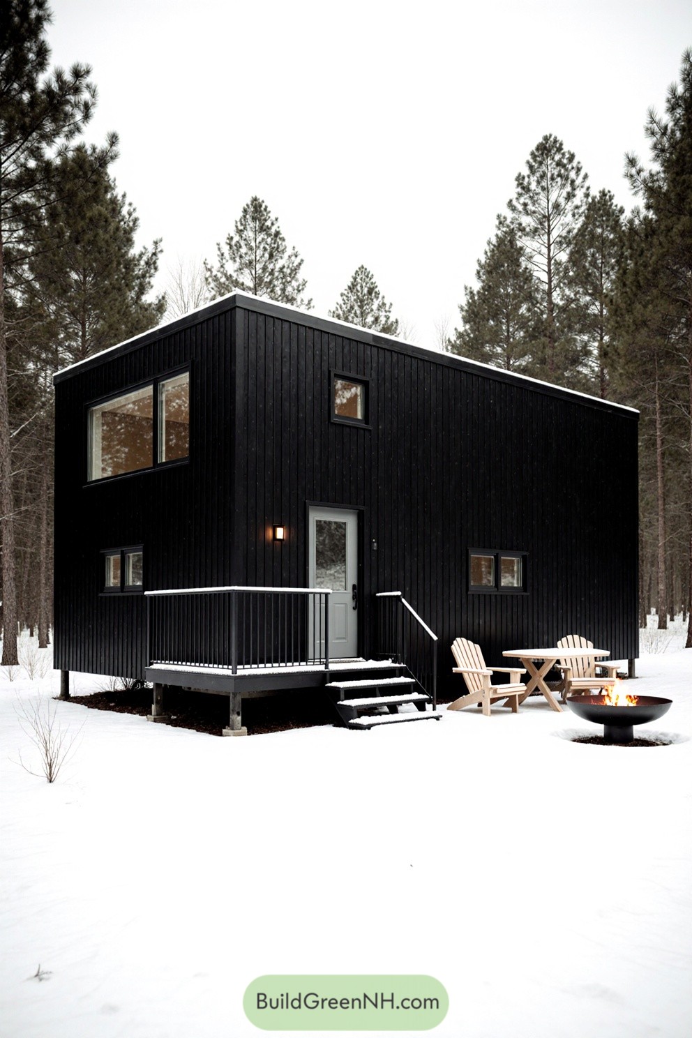 Modern black cabin amidst a snowy landscape with pine trees