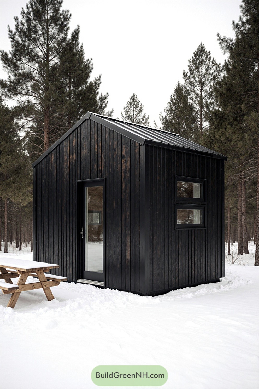 Small black house in the woods surrounded by snow, with a picnic table nearby