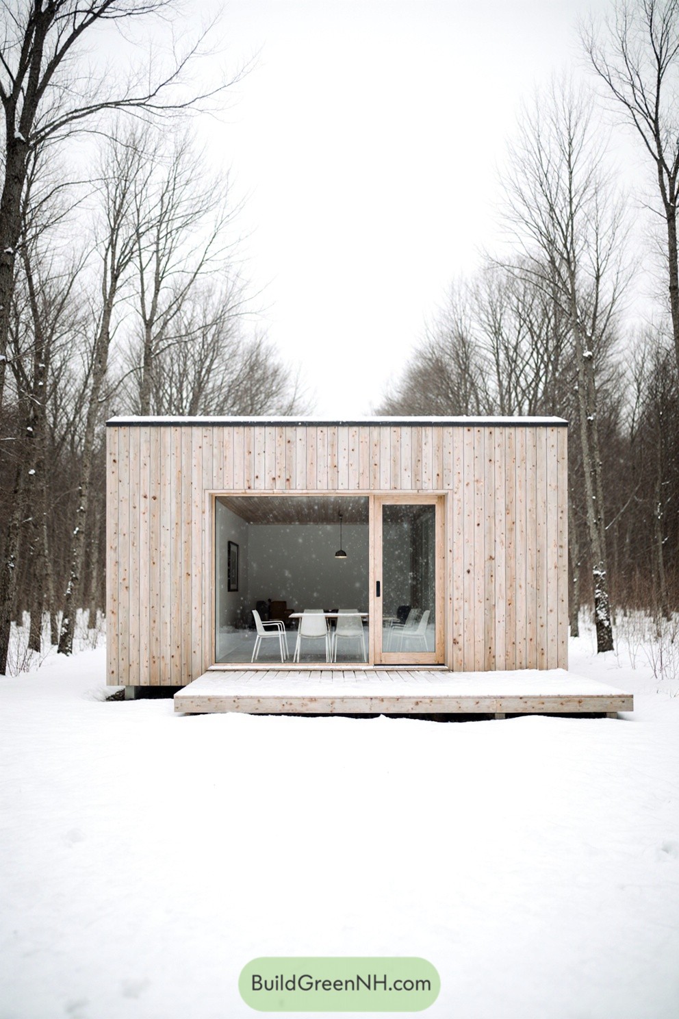 Minimalist wooden cabin in snowy forest setting