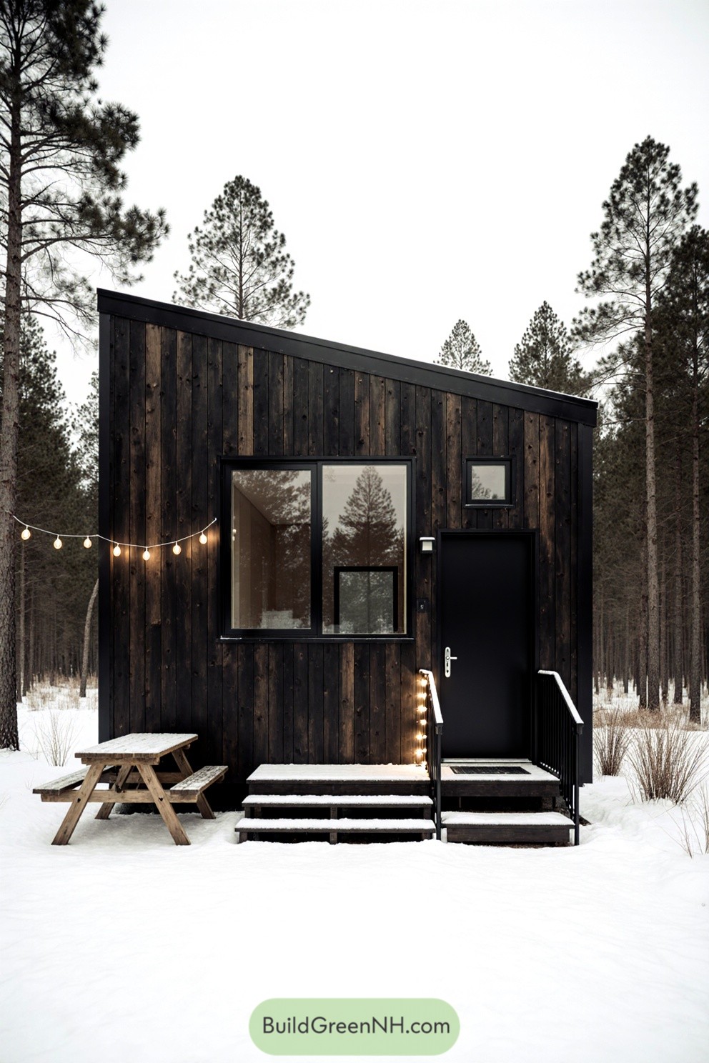 Small black cabin with lights and snowy backdrop