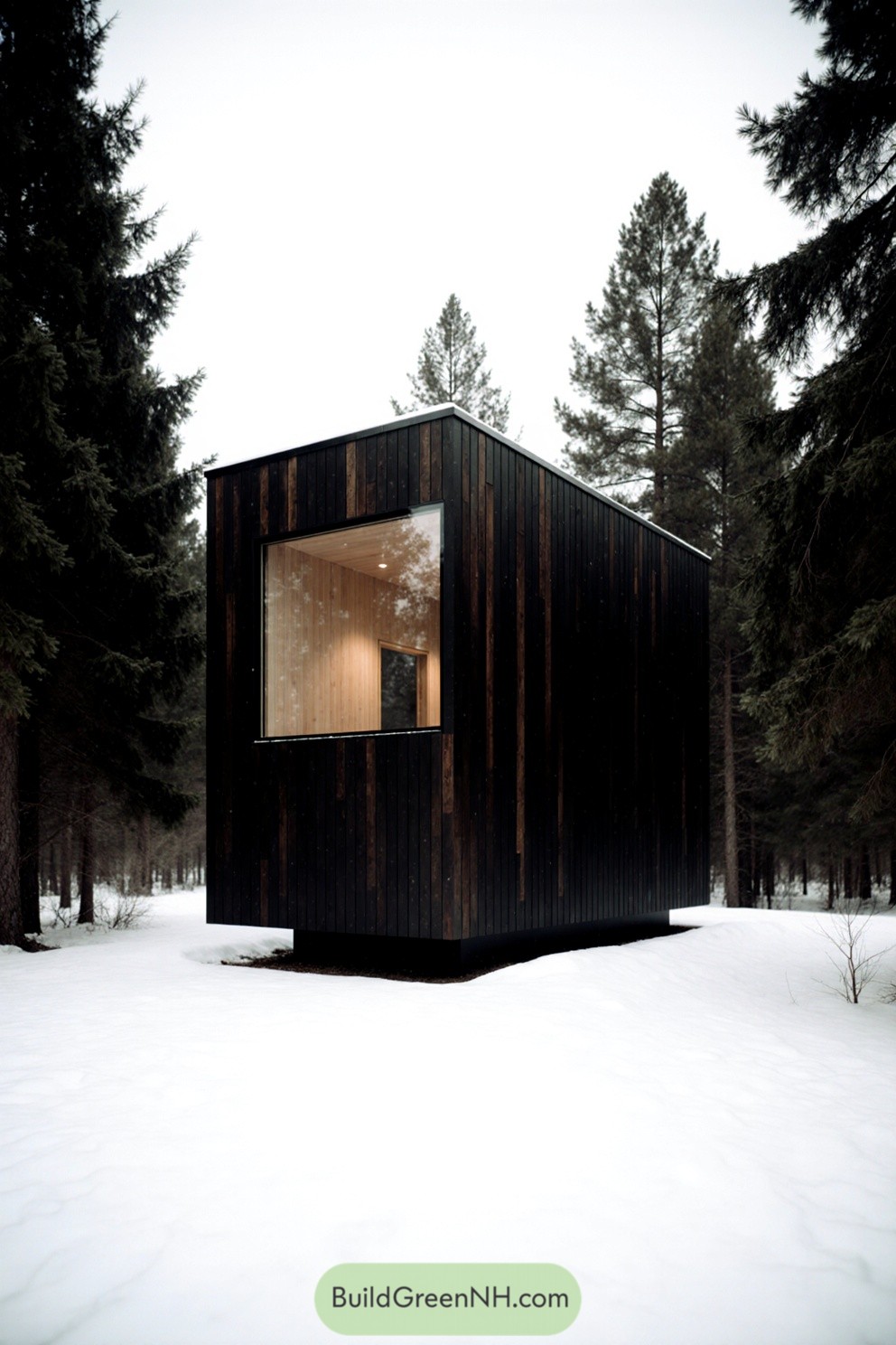 Modern black cabin in a snowy forest