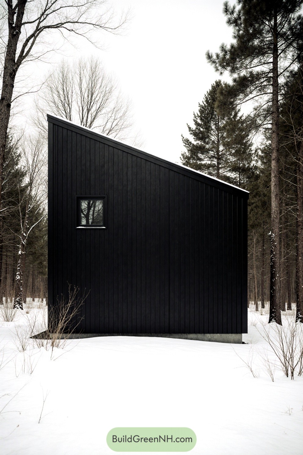 Black geometric house in a snowy forest