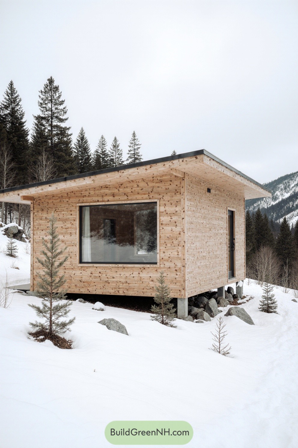 Tiny wooden cabin on a snowy hillside with evergreen trees