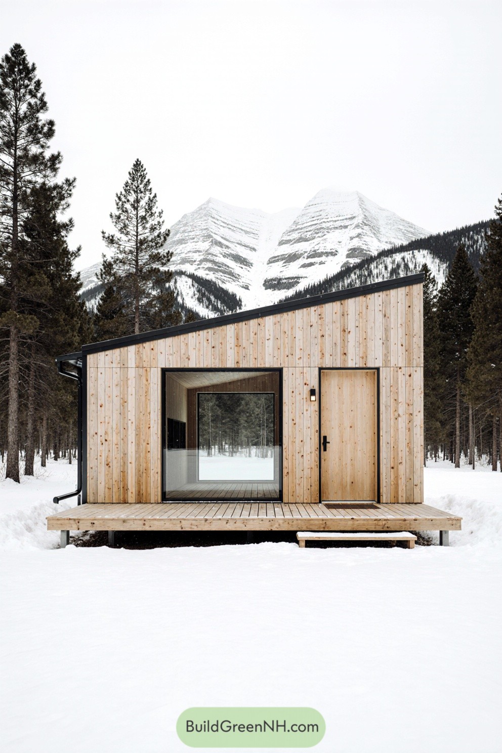 Tiny wooden house with large window, set in snowy landscape