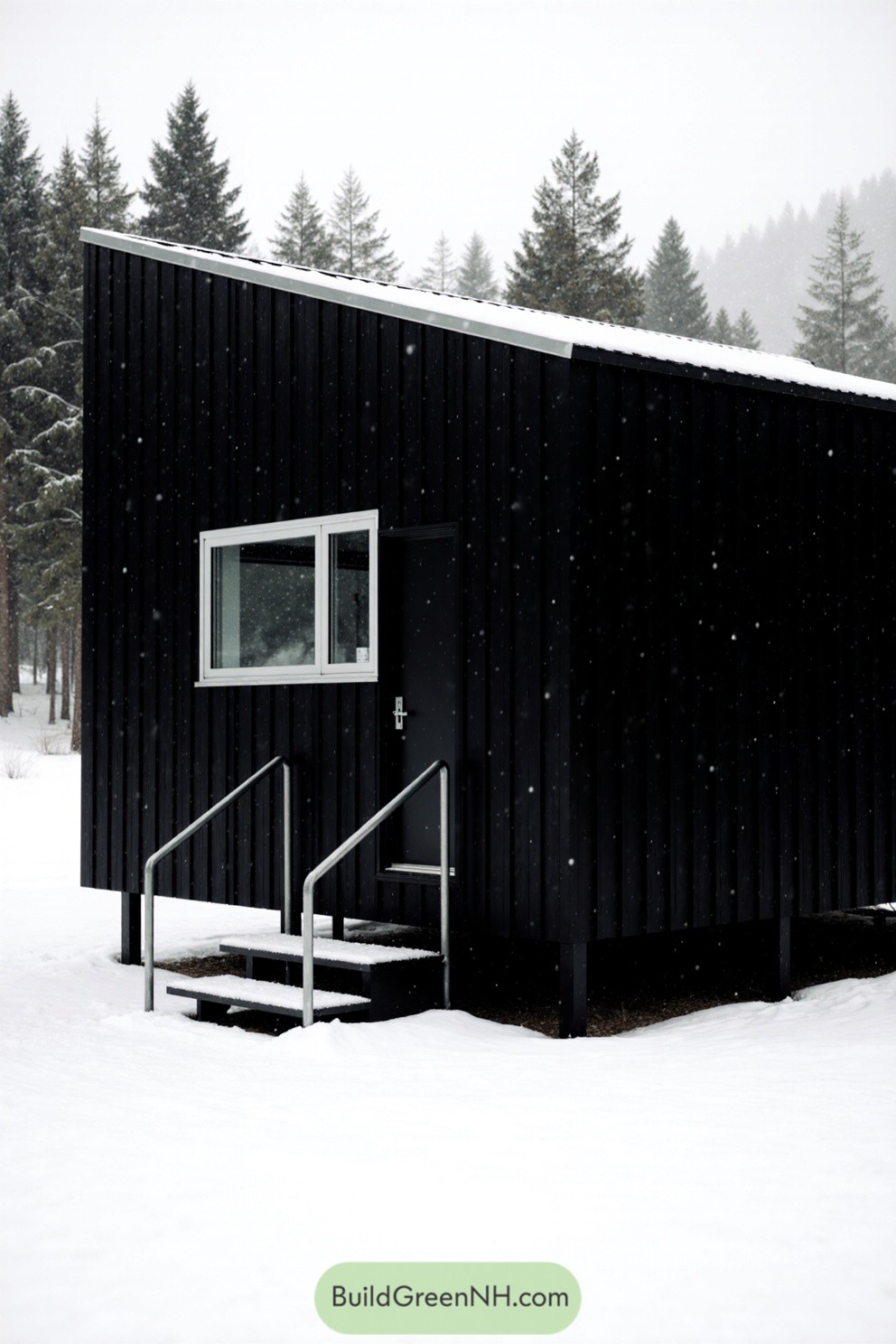Black cabin in the snow with pine trees in the background