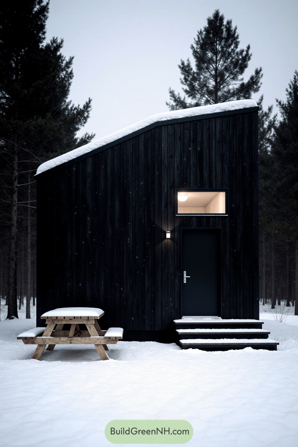 Black cabin with snow-covered roof in a winter forest