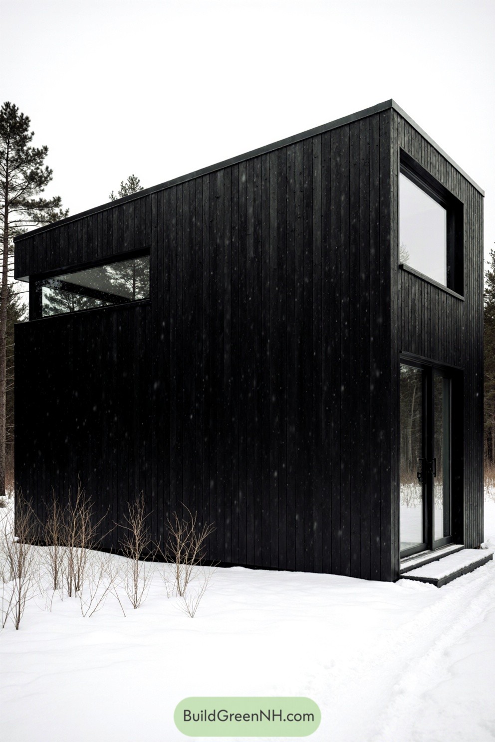 Black minimalist house in a snowy forest