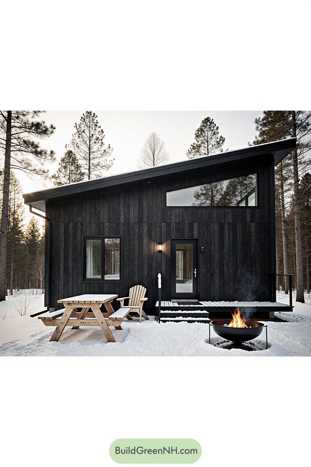 Compact black cabin with snow and a fire pit