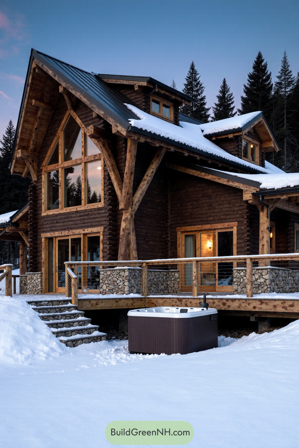 Log cabin surrounded by snow with a hot tub on the deck
