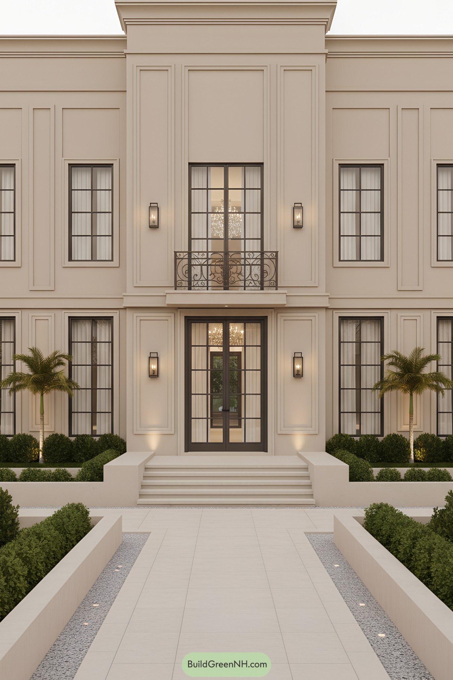 Elegant beige townhouse facade with tall gridded windows, iron balcony, and symmetrical landscaping
