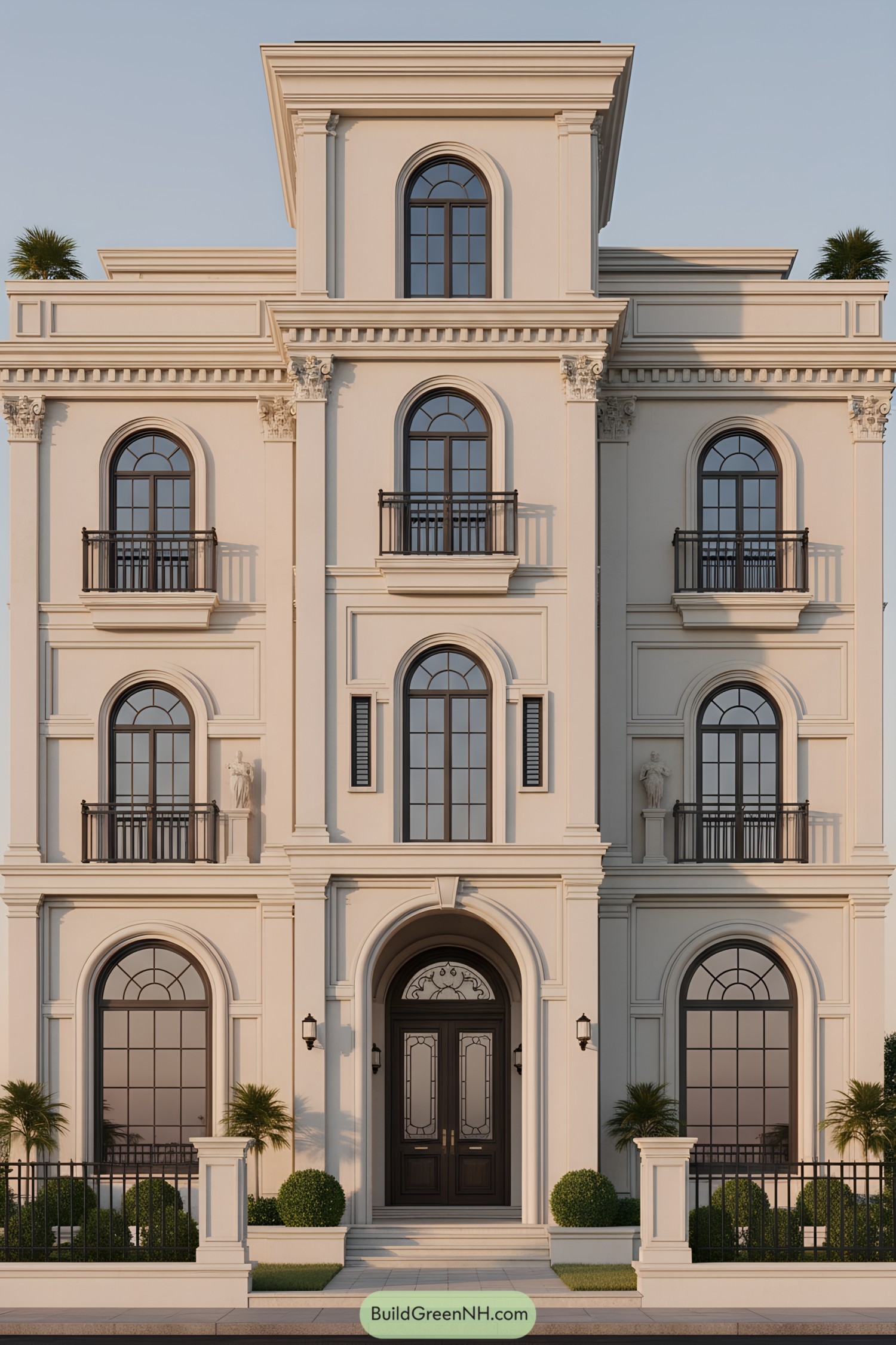 Elegant cream stone townhouse with arched windows and cast-iron balconies