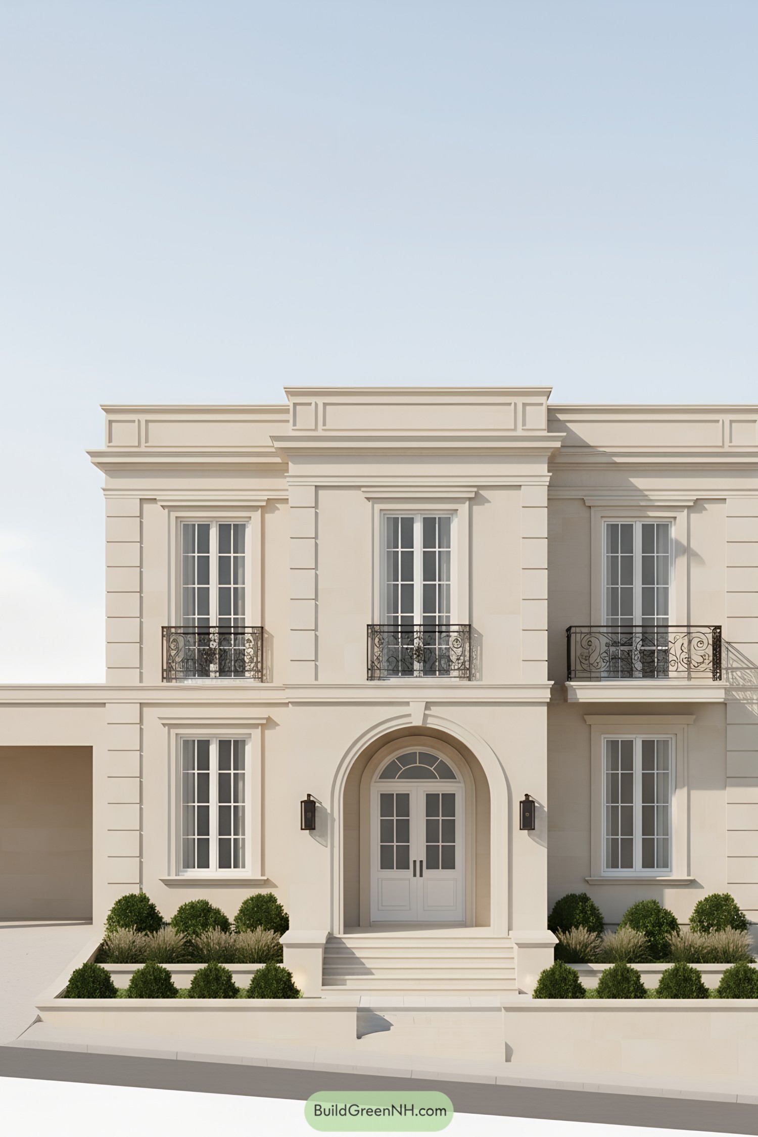 Cream-stone townhouse with arched entry and iron balconies